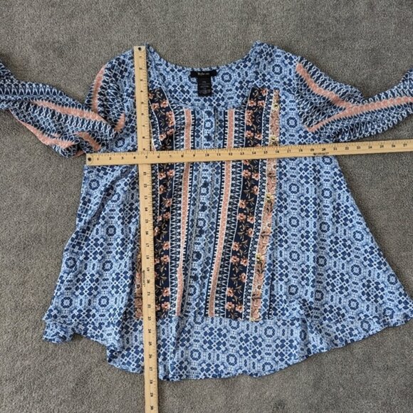 Boho Chic Blue Printed Long Sleeve Tunic Top - Style Co. Women's Size Medium - Picture 6 of 8